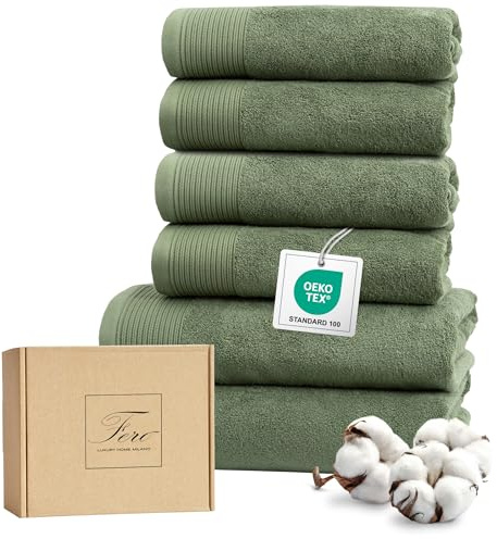 Ferò Luxus Handtücher Set, 6-teilig, 100% Baumwolle Low Twist 550 g/m², Ultra Weich und Saugstark, Oeko-TEX, Italienisches Design, Bath Towels, 4 Handtücher 50x100cm, 2 Badetuch 70x140cm, Grün