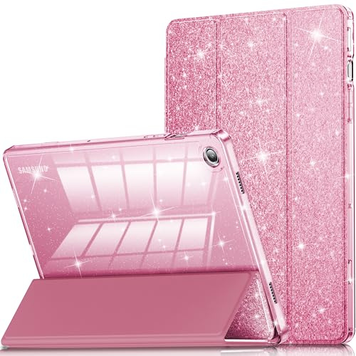 INFILAND Funda para Samsung Galaxy Tablet A9+/A9 Plus de 11 Pulgadas Modelo 2023 (SM-X210/X216/X218) De Piel con Purpurina con Parte Trasera Transparente Brillante (Rosa Rojo)