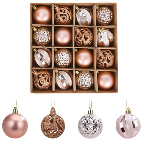 FILOEEX 16pcs Christmas Baubles Rose Pink Gold Christmas Tree Baubles Set 6cm Shatterproof ChristmasBall Ornament Xmas Tree Hanging Ball Decorations for Xmas Holiday Party