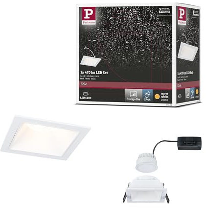Paulmann 93128 LED Einbauleuchte 3-Step-Dim Cole IP44 eckig 88x88mm Coin 6W 470lm 230V 2700K Weiß