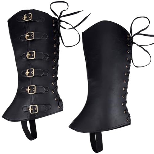GORGECRAFT 2Stk Ritter Beinschützer Gamaschen Mittelalter Stiefelüberzüge Kunstleder Piratenstiefeloberteile Mit Schnallenriemen Beinwickel Schuhzubehör Für Halloween Cosplay Wikingerkostüm Schwarz