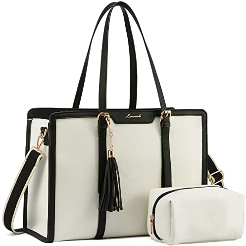 LOVEVOOK Laptop Handbags for Women 15.6 inch Canvas Tote Bag with Compartments Ladies Teacher Work Bag Large Shoulder Cross Body Bag Waterproof for Office Business School College Shopping White