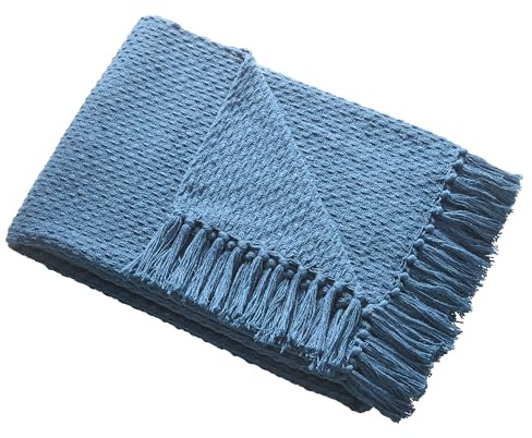 Manta Verde Azulado con borlas (180 x 130 cm) - Algodón Reciclado sostenible - Tejida en Color Azul Azulado - Cesta Tejida - Texturizada para sofá - Azul Turquesa