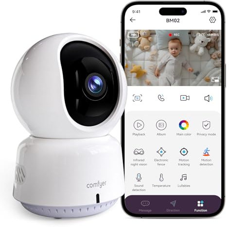 Comfyer Babyphone WLAN IP Kamera, schwenkbare Überwachungskamera Innen mit Zwei-Wege-Audio, 4-Split-Screen, Bewegungsverfolgung, IR Nachtsicht, Schlaflieder für Baby, Haustier, Hunde