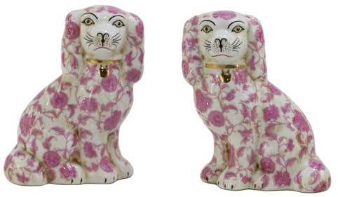 SYNWISH Hand Painted Pink Floral Spaniel Dogs 5.9, Pair of Small Mantle Porcelain Dogs, for Collectibles Home Décor