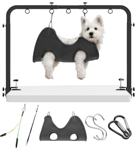Brazo Ajustable para Peluquería Canina de Mesa, Altura 107 cm, Ancho 69–99 cm, Abrazadera hasta 7 cm, con Hamaca y 2 Correas, Kit Portátil para Cortar Uñas, Gatos y Perros en Casa