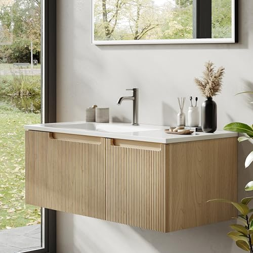 BRIDGE BENO 100 cm Wandschrank Mit Mineralharzspüle, Schublade Und Tür, Ultradünn, Soft-Close, Gerippter Akzent, Geeignet Für Große Badezimmer, Golden Sand