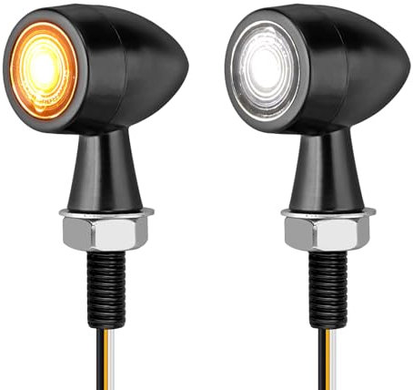 Justech 2pcs Mini Indicateurs de Moto Approuvés E-mark E2412V LED Voyant d’avertissement Feu stop étanche IP65 Universel pour les Scooters de Motos M8 (Ambre + Blanc)