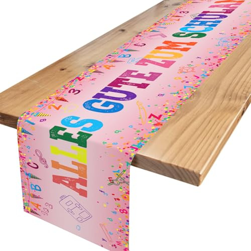 Tischläufer Einschulung Deko, Rosa Tischdecke Schulanfang, Alles Gute Zum Schulanfang Tischdeko, Geschenk Zuckertüte Schulkind Party Deko für Mädchen, 180 x 35 cm