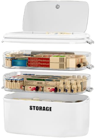Yiomxhi 4 Livelli Scatola Medicinali Pharma Organizer, Armadietto Medicina di Grande Capacità con Maniglie, Conservazione Pronto Soccorso Vuoto Portatile per Famiglia Casa e Viaggio, Bianco