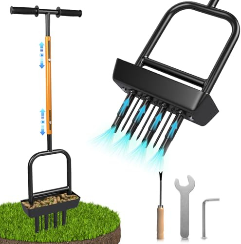2-in-1 Manual Lawn Aerator Tool with Soil Core Storage Tray - 41.3 Heavy Duty Carbon Steel Garden Core Aerator Lawn Tool- Multifunctional Spike & Plug Aerator for Compacted Soil(Black + Orange)