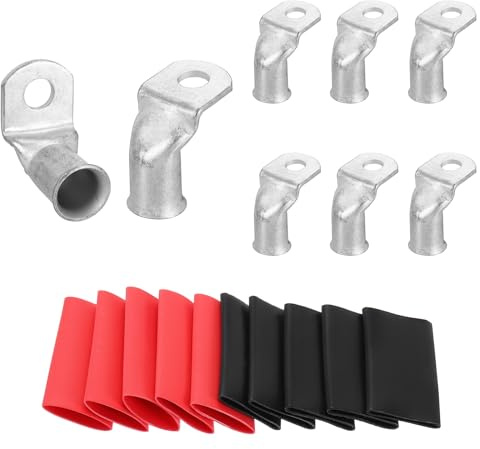sourcing map 8pcs 4/0 Awg 90° Bent Copper Lugs Battery Cable Ends, 4/0 Gauge 3/8 Stud Battery Lugs Ring Terminal Connectors with 8pcs 3:1 Black & Red Heat Shrink Tubing,Silver