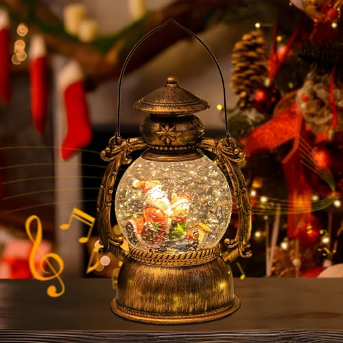 Weihnachts Schneekugel Laterne mit Musik, Weihnachtsdekoration LED Vintage Weihnachten Wasser glitzernde Verschneiter Globus Nachtlicht, USB und batteriebetrieben Schneekugel Geschenk für Weihnachts