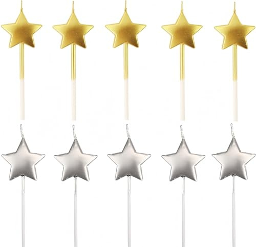 Heyumybit Candeline Compleanno a Forma Stella,10 Pcs Stelline Scintillanti Compleanno per la Festa di Compleanno Anniversario di Matrimonio Fidanzamento Decorazione,Oro,Argento