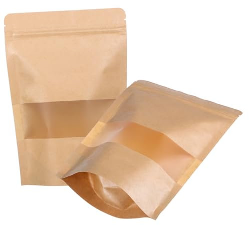 TEHAUX 50 pièces Sachet Kraft Alimentaire avec Fenêtre Transparent de Sacs Auto Refermables Papier pour Biscuits Snacks et Stockage de Nourriture