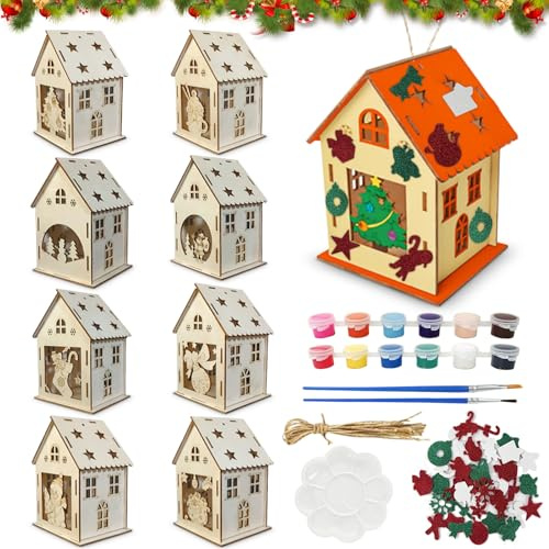 WZBBJuser 8 Pezzi Casette di Natale in Legno, Casetta di Natale in Miniatura, Set di Villaggio di Natale, Artigianato in Legno, Adatta per il Fai da Te, da Colorare e Decorare, Città di Natale