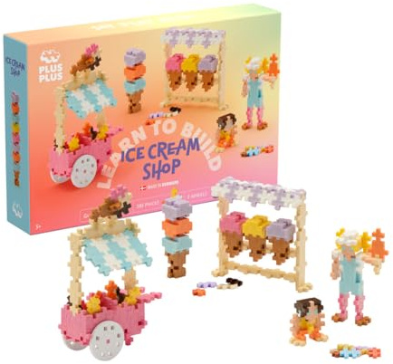 PLUS PLUS Building Blocks Toy - Learn to Build Ice Cream Toy, Includes 275 Pcs Pastel, 2 Wheels and Guidebook, Kids Construction Toys, STEM Learning Resources - Girls and Boys Toys Age 5 Plus