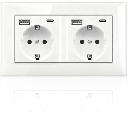 Double Prise Murale, Multiprise Murale Encastrée 2 Prises + 4 Ports USB (2 Type-A + 2 Type-C), Prise USB avec Panneau, Installation Facile, ABS & Cuivre Sûr pour Maison Cuisine Salon Chambre (Blanc)