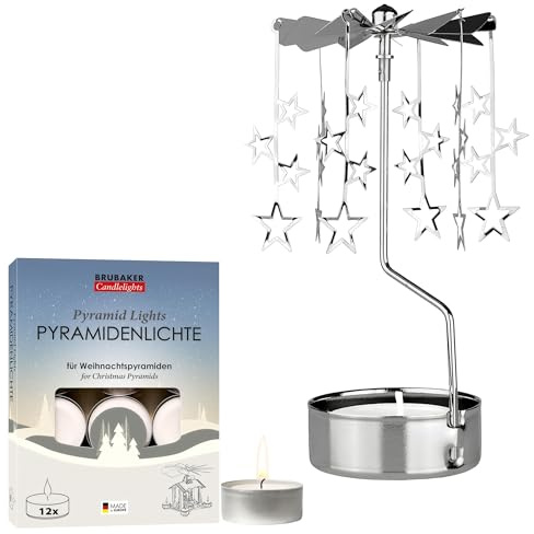 BRUBAKER Teelichtkarussell Silber inkl. 12er Pack Pyramiden Teelichter - Rotierender Kerzenhalter Weihnachten aus Metall - Drehendes Teelichthalter Karussell mit Sternen - Weihnachtsdekoration
