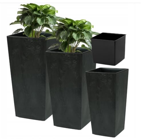 FEINZ Ensemble de Pots de Fleurs avec Insert, Noir 57 cm | Pots de fleurs en 3 tailles : 37/47/57 cm, Aspect rotin et plastique recyclé, Pour la maison et le jardin
