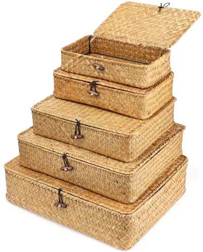 5 Stück Seegras Aufbewahrungskörbe mit Deckel Set 5 Größen | Rattan Storage Box with Lid Natürliche Rattankorb für Ordnung & Deko, für Schlafzimmer, Bad, Regal & Wohnzimmer