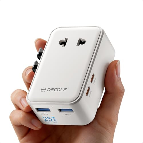 decqle “Air” Universell Reseadapter med 2 USB-C(PD 25W) ＆ 2 USB-A | Internationell Reseadapter, INGEN Spänningsomvandlare, för Tyskland, USA, England, Australien ＆ 200+ Länder (Vit)