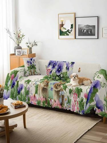 Spring Easter Sofa Cover Blanket Couch Covers for Armchair Cushion,Couch Sofa Silpcover with Tassel,Purple Floral Summer Botanical Rustic Living Room Bedroom Throw Towel Blanket Covers XX-L 71x150