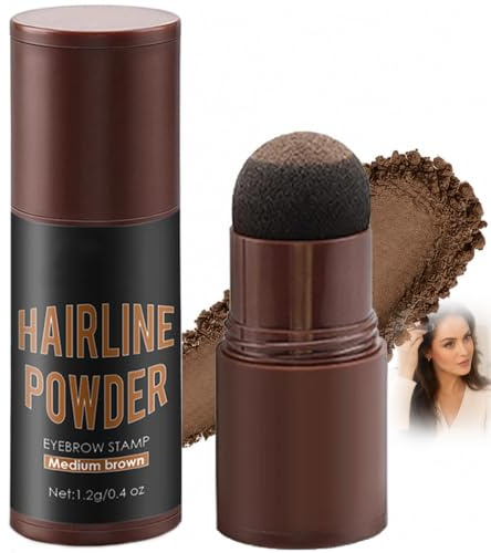 Medium Brown Hairline Powder Stick - Root Touch Up and Brow Stamp with Sponge Applicator, Waterproof Sweatproof Hair Filler for Grey Roots, Sparse Edges, Wide Parting & Natural Fuller Look