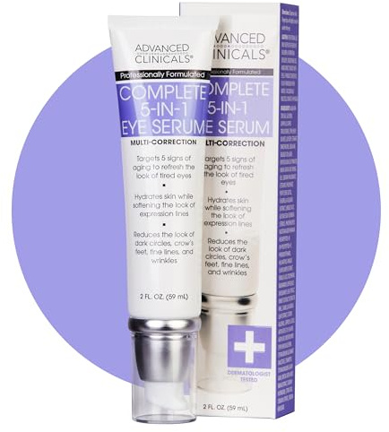Advanced Clinicals 5-i-1 multikorrigering anti-aging ögonserum med Retinol kollagen C-vitamin och manuka honung. För mörka cirklar rynkor kråka fötter fina linjer. Stort 59 ml luftlöst rör.