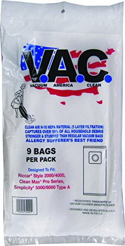 VACUUM AMERICA CLEAN VAC 27 RICCAR Style 2000/4000, Clean Max Pro Series, Simplicity 5000/6000 Type A H-10 HEPA Filtration (Pack of 9)
