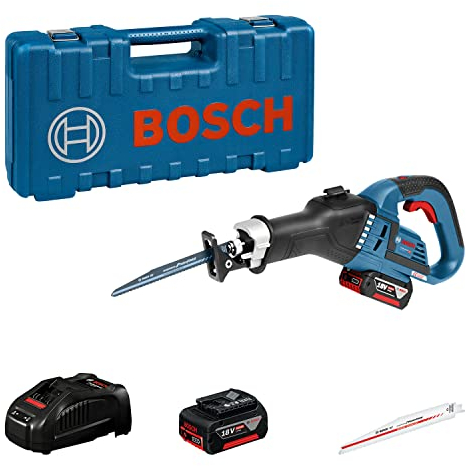 Bosch Professional 18V System Akku Säbelsäge GSA 18V-32 (Schnitttiefe in Holz 230mm, inkl. 2x 5.0Ah Akku, Schnellladegerät GAL 1880 CV, 2x Säbelsägeblatt, Sägeblattkasten, Werkzeugkoffer)