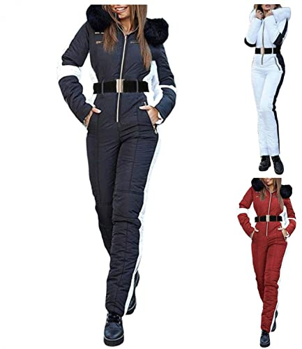 SGSD, Traje de esquí para mujer de una sola pieza - invierno cálido, nieve, esquí, sauna, exterior, impermeable, mono largo con capucha, traje de esquí y esquí, Blanco, S