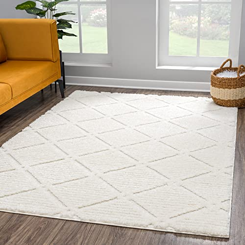 payé Teppich Wohnzimmer - Hochflor - Boho - Cream - 140x200cm - Einfarbig - Modern Raute Meliert Muster - Skandinavisch Flauschig Weich - Wohnteppich Schlafzimmer Dekoration