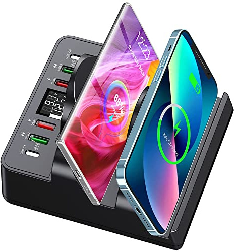 TPfocus Wireless Charging Station with 6 USB Ports, 8 in 1 15W Dual Wireless Charger Station, 2 QC/2 PD USB Fast Charging Station, 80W Phone Charger for iPhone14/13/12/11/X/Samsung/Android/iWatch