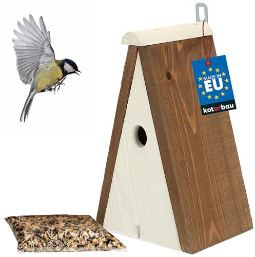 KOTARBAU® Casetta Per Uccellini Da Esterno - Legno - 12 x 16 cm - Bianco & Marrone - Cibo Uccelli Selvatici 0,5 kg - Casa Uccellini Da Esterno - Casetta Uccelli