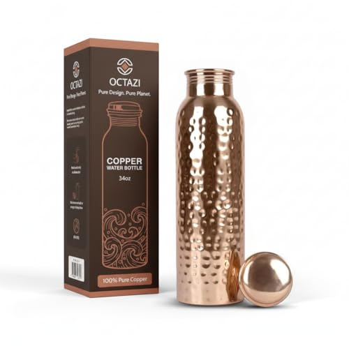 Bottiglia d'acqua in puro rame, 963.9 ml, realizzata a mano da 1 litro a prova di perdite, per bere con benefici ayurvedici per la salute per lo sport, fitness, bere più acqua, finitura martellata