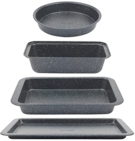 Salter COMBO-8246 Megastone 4 Piece Non-Stick Baking & Oven Tray Set - 27cm 1lb Loaf Tin, 9 Ø/24cm Round Tin, 37cm Baking Tray, 36cm Roaster Carbon Steel, Easy Clean, Oven Safe Up to 220°C
