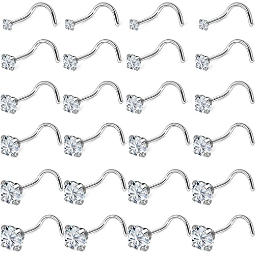 Kridzisw Lot de 24 piercings de nez en acier inoxydable avec oxyde de zirconium pour homme et femme Taille 1,5 mm 2 mm 2,5 mm 3 mm 3,5 mm 4 mm, Screw-20G-CZ 1.5-4mm, Métal, Cristal