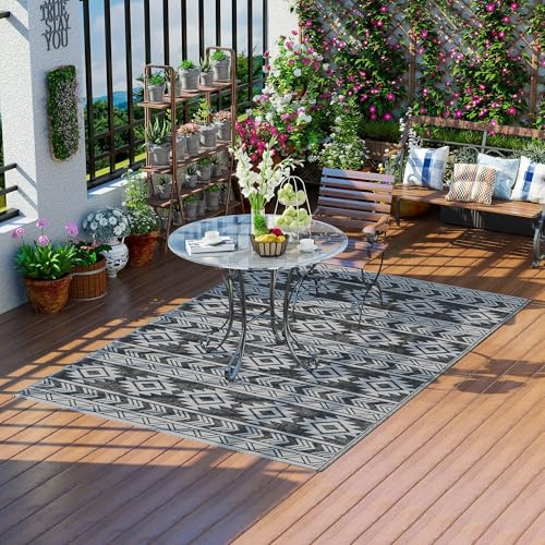 Outsunny Outdoor Teppich Robuster Wetterfest 182 x 274 cm Schwarz+Grau | Outdoorteppich Carpet mit Geometrie-Optik, Flachgewebe Outdoor-Teppich, für Balkon, Garten, Terrasse, Bad, Flur, Küche