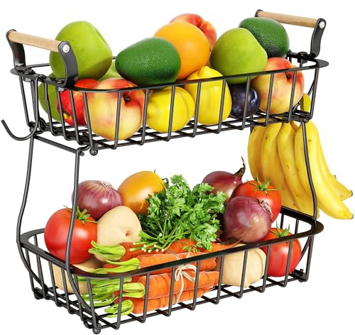 Alebew 2 Tier Fruit Basket Bowl with 2 Banana Hangers for Kitchen Counter, Countertop Fruit Storage Produce Basket Metal Vegetable Holder Stand Organizer for Bread Snack Veggies Potato, Black