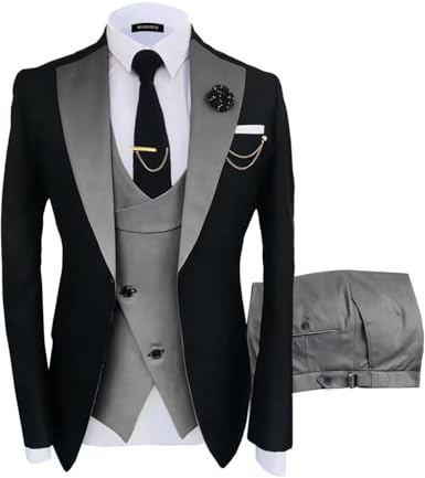 Wangyue Mens 3 Piece Slim Fit Suit Wedding Prom Tuxedo Formal Business Suits for Men Blazer Vest Trousers Pants Set, Black-grey, XS