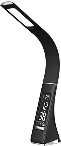 Knadgbft LED Desk Lamp,Eye Protection Press Dimmable Lamp with Calendar Temperature Alarm Clock for Office,Bedroom & Dorm,Black