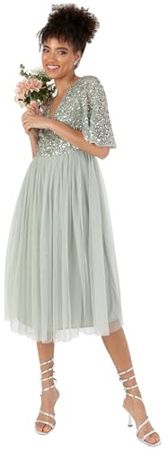 Maya Deluxe Damen Midi Abendkleid Cocktailkleid Abschlussball V-Ausschnitt Kurze Ärmel Tüllkleid Elegant für Hochzeit