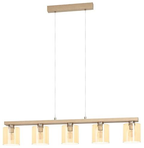 EGLO Hängelampe Castralvo,5-flammige Pendelleuchte Esstisch | Hängeleuchte aus Glas in amber und Holz in Natur, Esszimmerlampe hängend, E27 Fassung, 121 cm, FSC zertifiziert