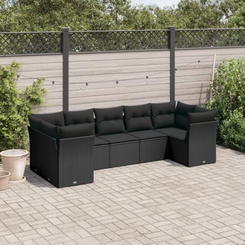 ULUYYUC 7-TLG. Garten-Sofagarnitur, Hocker Eckbankgruppe Eckbank Balkonmöbel Geeignet für Außenbereich Balkon Hinterhof Garten mit Kissen Schwarz Poly Rattan
