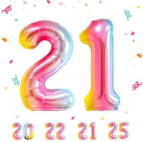 Globos de 21 cumpleaños,Arcoiris 21 pulgadas Globo número, 21 decoraciones de Globo número cumpleaños para hombre y mujer, Globo inflable de lámina de Arcoiris 21