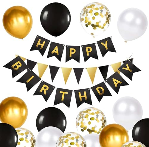 Luftballons Geburtstag Dekoration Set, Schwarz Gold Geburtstagsdeko Happy Birthday deko Banner Party Deko Geburtstag Set mit Luftballons Konfetti Ballons Dreiecksflaggen Girlanden（BK&GD+PT)