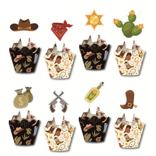 48 Stück West Cowboy Reiten Cupcake-Dekorationen und Verpackungen für Babyparty, Kinder, Jungen, Mädchen, Cowboy-Kuchendekoration