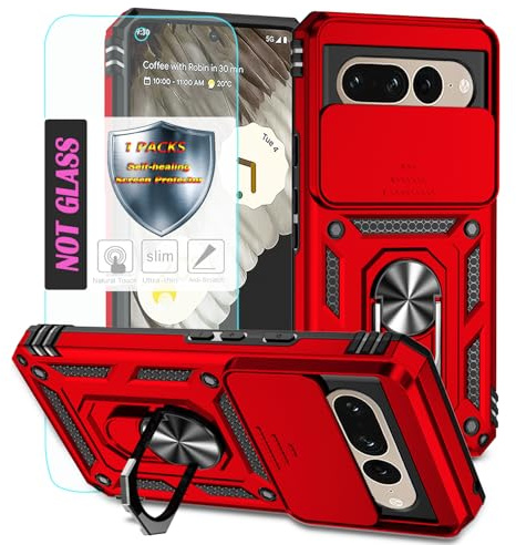 YmhxcY Handyhülle Für Google Pixel 7 Pro Hülle,[mit 1 Stück Schutzfolie],360°Drehen Metallständer，Stoßfester Schutz Hartschale，Mit Kameraschutz，Google Pixel 7 Pro case-Rot