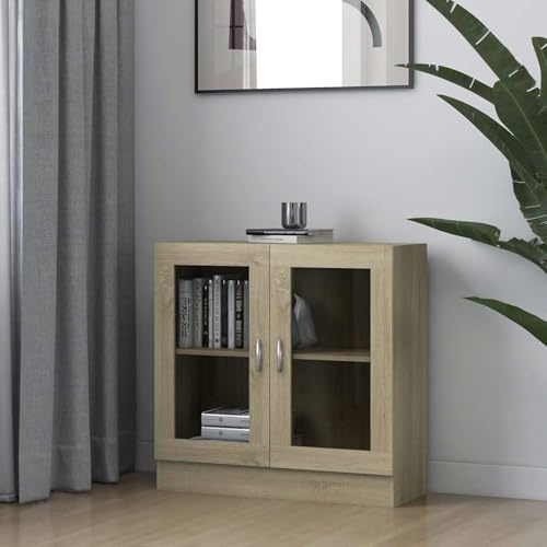 Gecheer Vitrinenschrank Glasvitrine Bücherschrank Aktenschrank Büroschrank Vitrine Schrank Bücherregal Standvitrine Vitrinenschränke für Wohnzimmer Büro Esszimmer,Sonoma-Eiche 82,5x30,5x80 cm